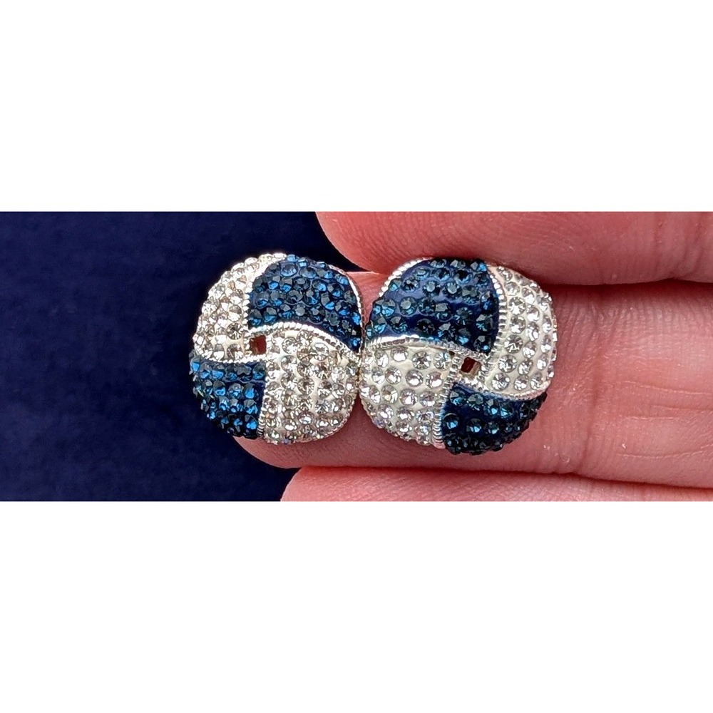 LA Silver Tone Blue White Pave Crystal Pinwheel Stud Earrings Geometric Sparkle